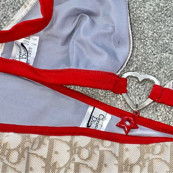 S AUTH VTG Christian Dior Tan Red Charm Trotter Logo Print Bikini Swimsuit - Picture 13 of 16